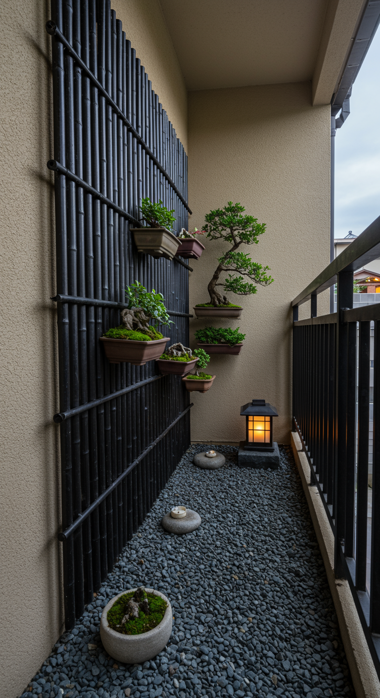 Donkere bamboe trellis aan de muur met plankjes waarop bonsaiboompjes staan, kiezelstenen op de grond.