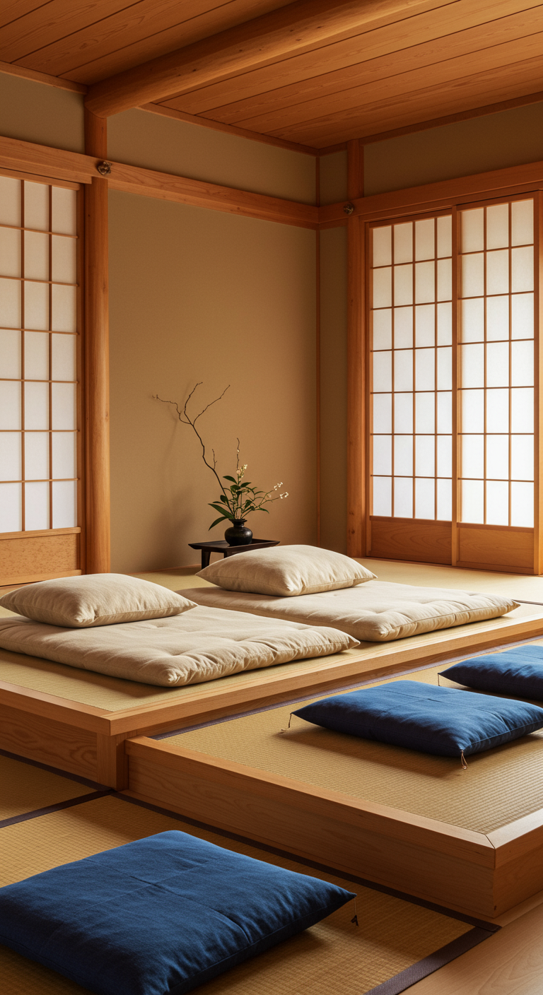 Japanse woonkamer met lage zitkussens op een verhoogd platform en tatami-matten.