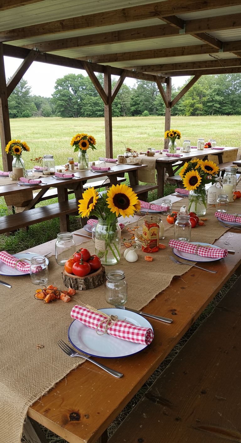 Landelijke tafelsetting met zonnebloemen en rood-wit geblokte servetten.
