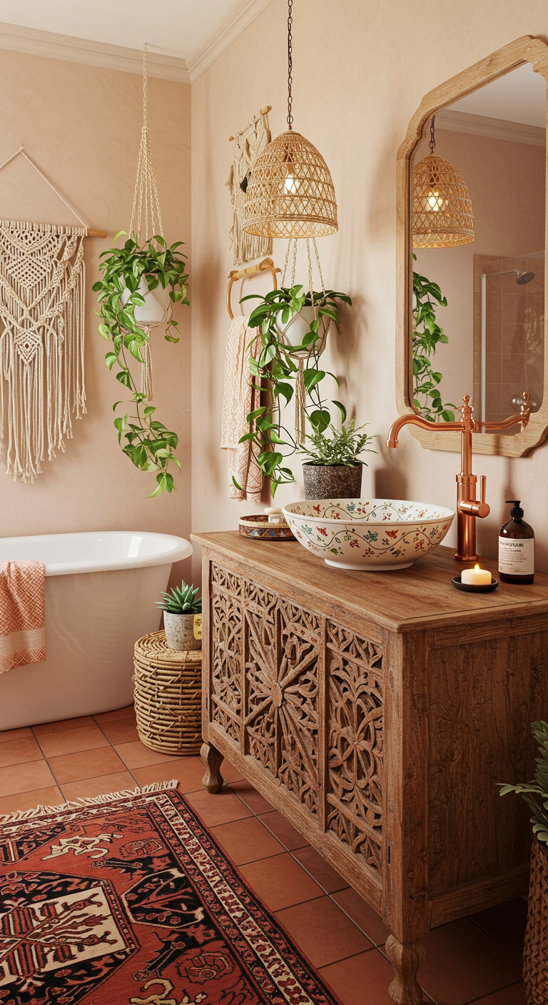 Koperen wastafelkraan op een houten meubel met houtsnijwerk in een bohemian badkamer.