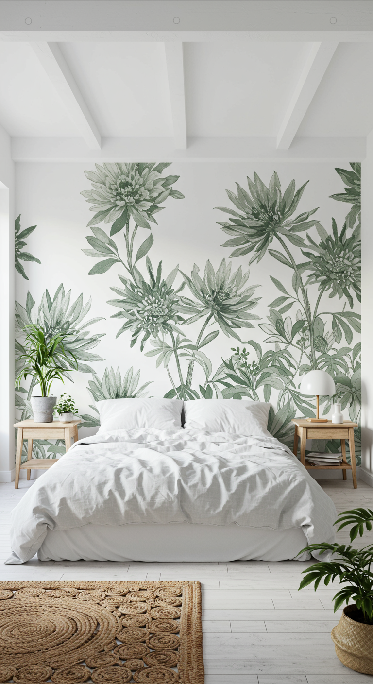 Witte slaapkamer met accentmuur van groen botanisch bloemenbehang.