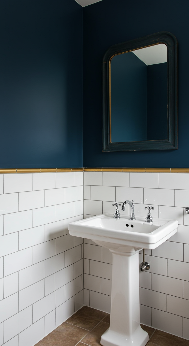 Badkamer met witte metrotegels, donkerblauwe muur erboven en een gouden accentbies.