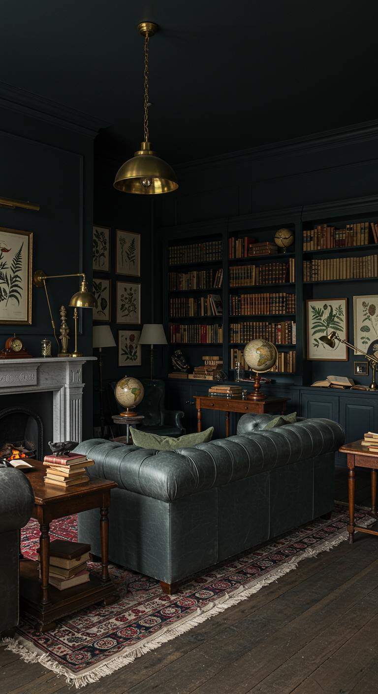 Donkere woonkamer/bibliotheek met donkergrijsgroene muren en lederen bank.
