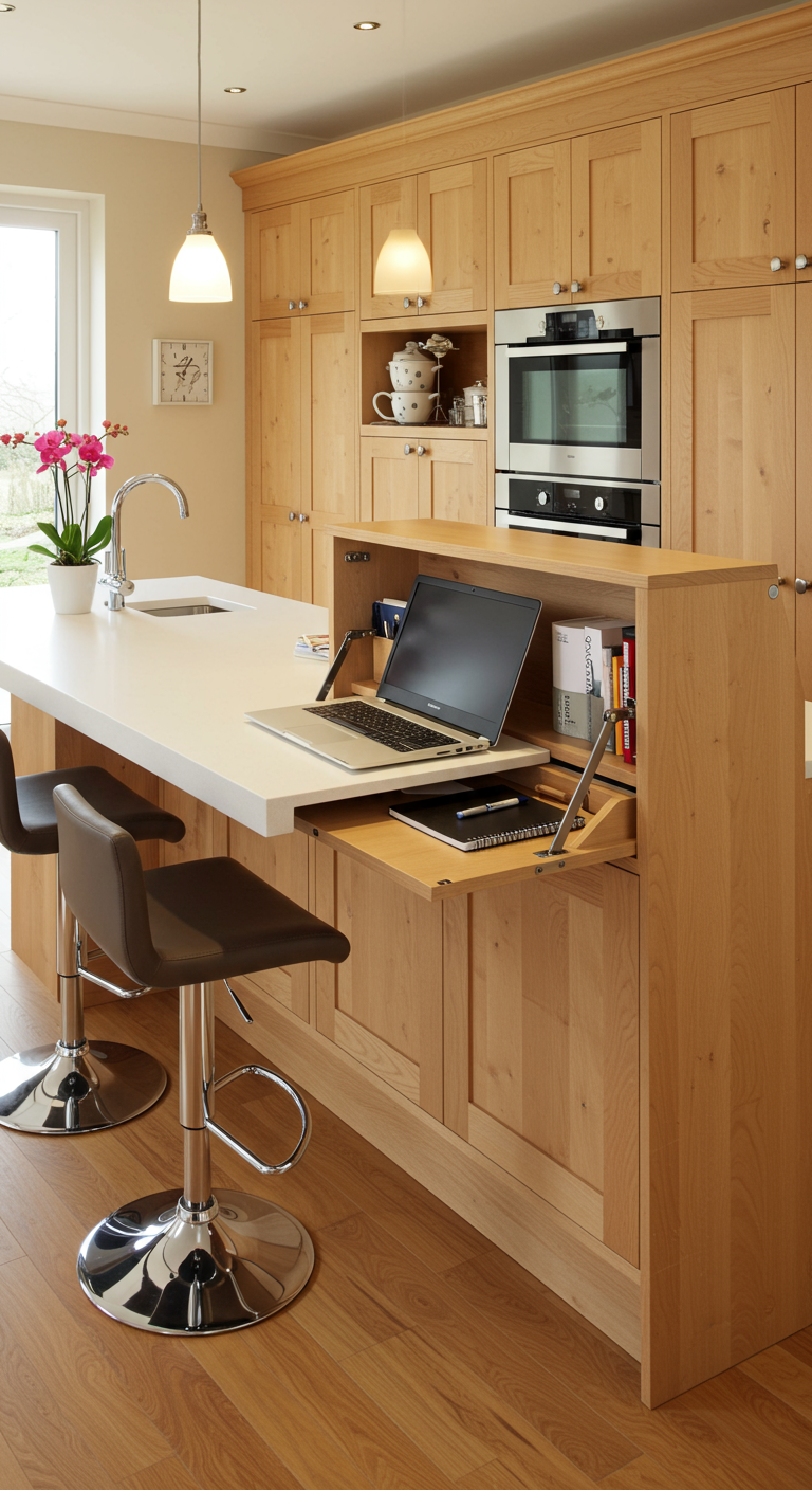 Houten keukeneiland met slim uitschuifbaar werkblad en opbergruimte voor een laptop.