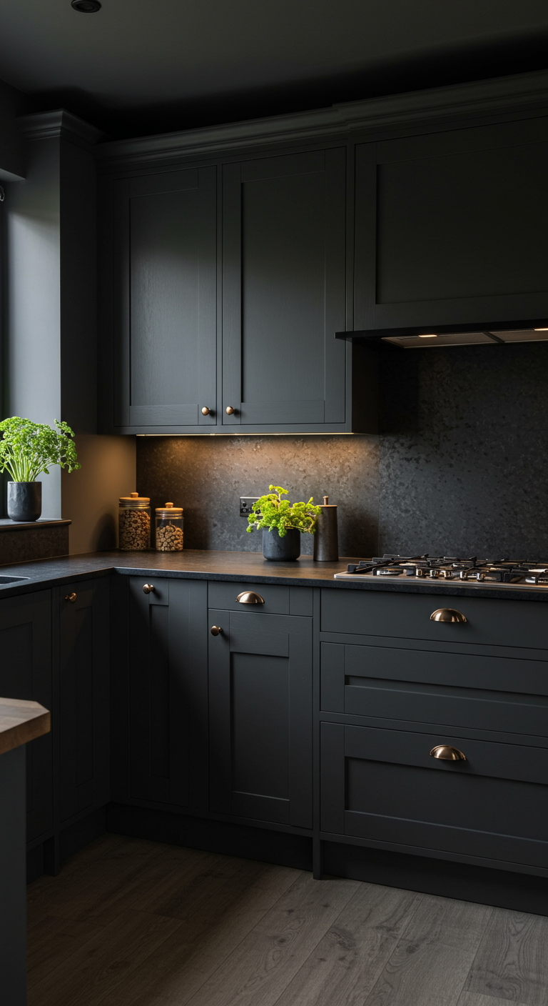 Donkergrijze keuken met warme onderbouwverlichting en groene planten.