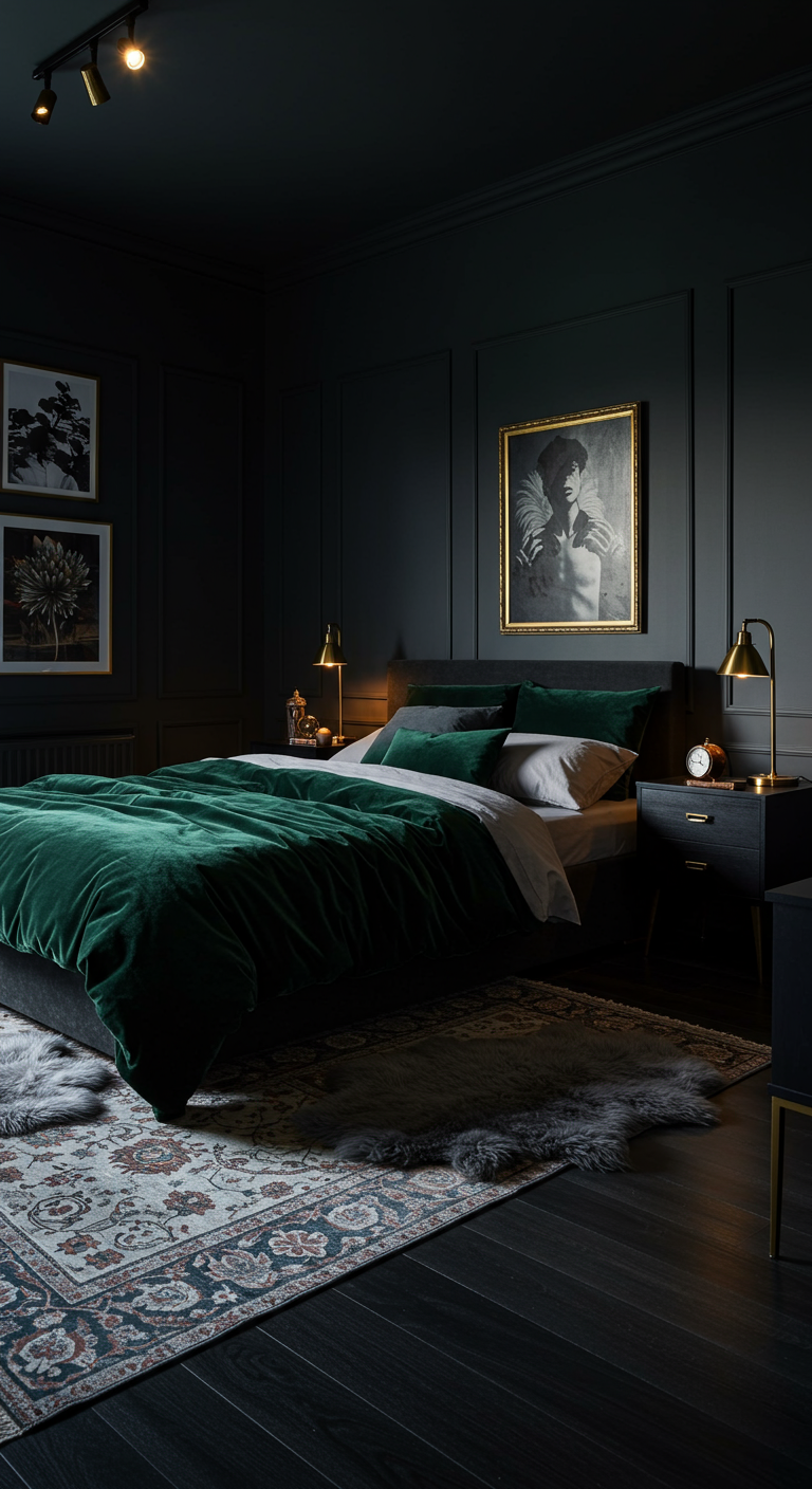 Donkere slaapkamer met bijna zwarte muren, groen fluwelen beddengoed en gouden accenten.