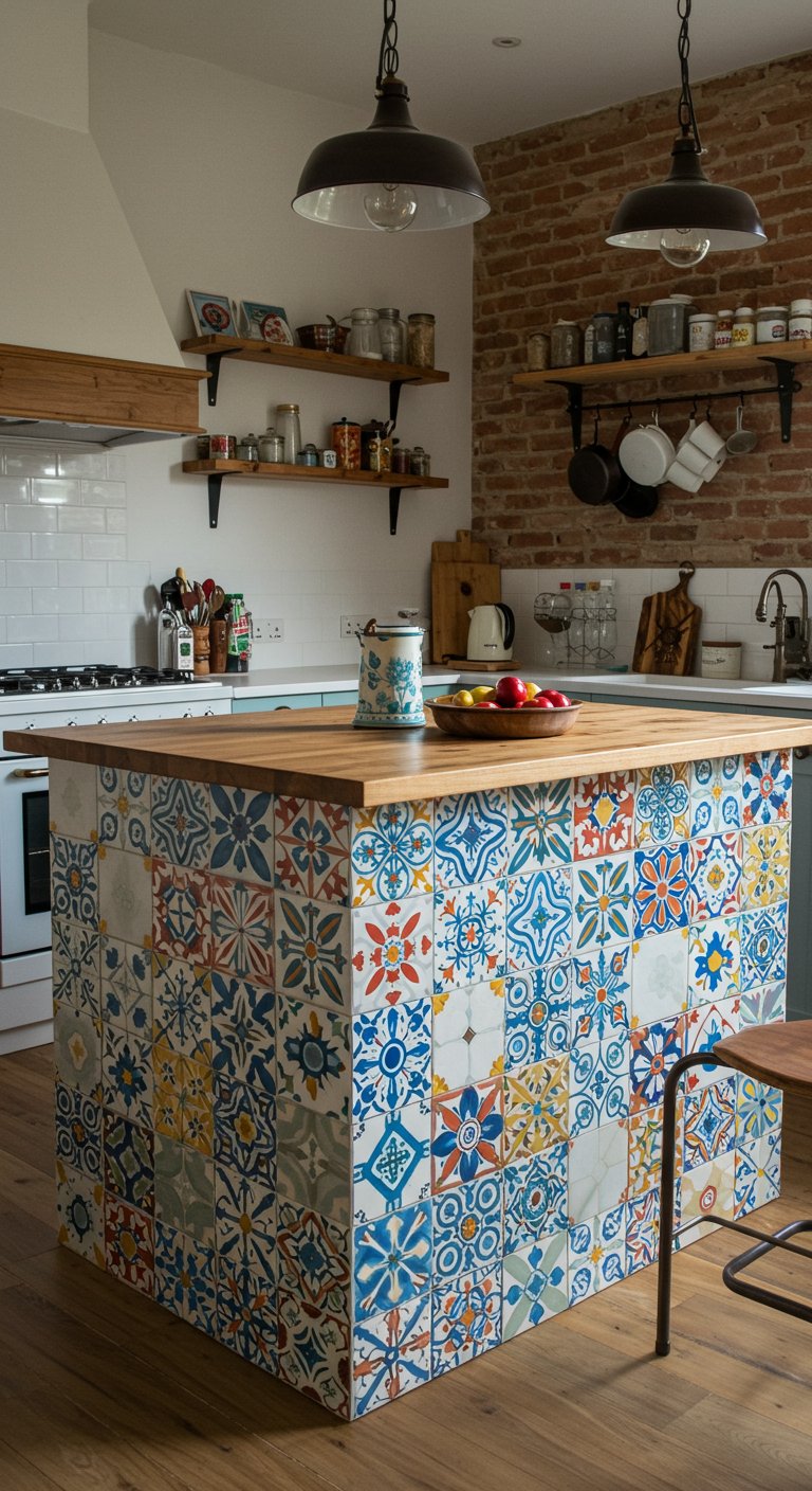 Kookeiland bekleed met een mix van kleurrijke Portugese patroontegels.