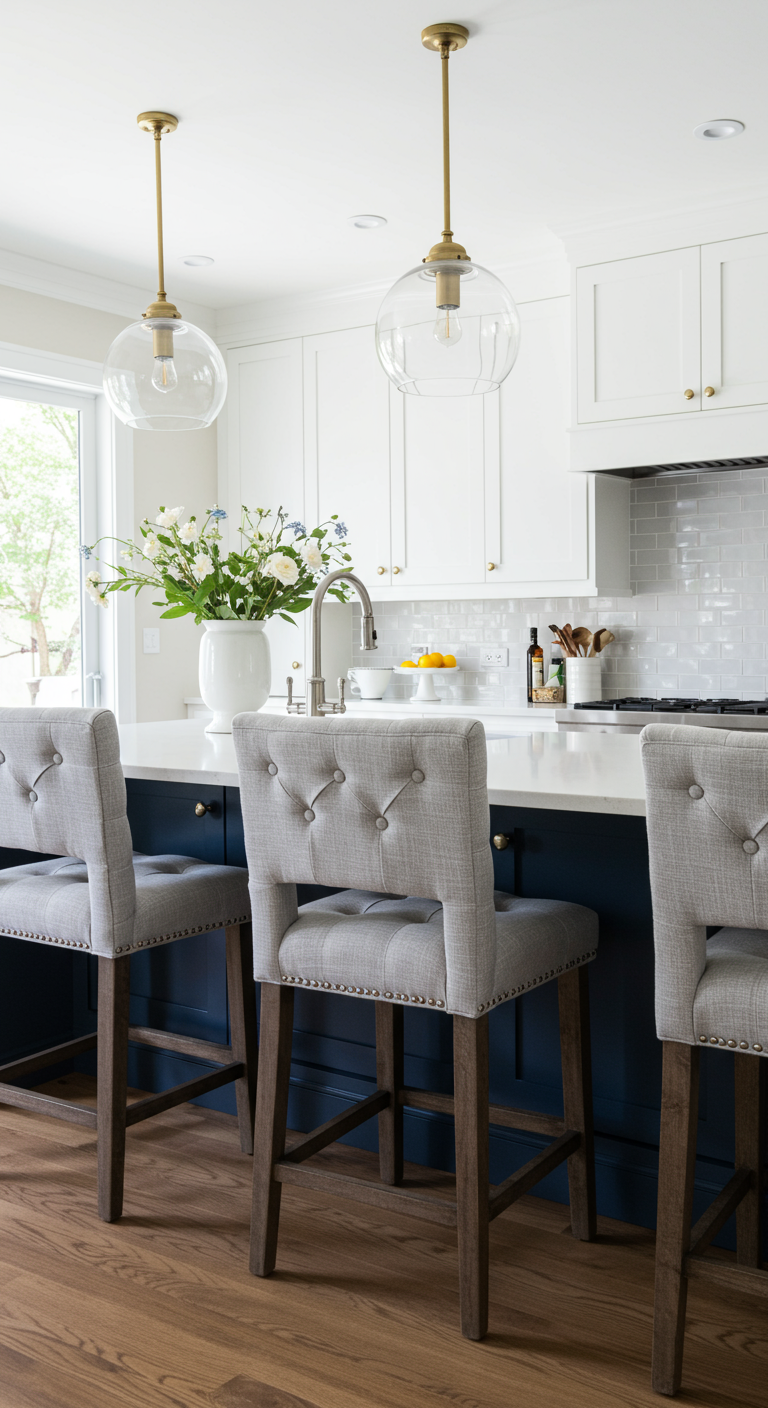 Elegante keuken met donkerblauw eiland en lichtgrijze, gecapitonneerde barkrukken.
