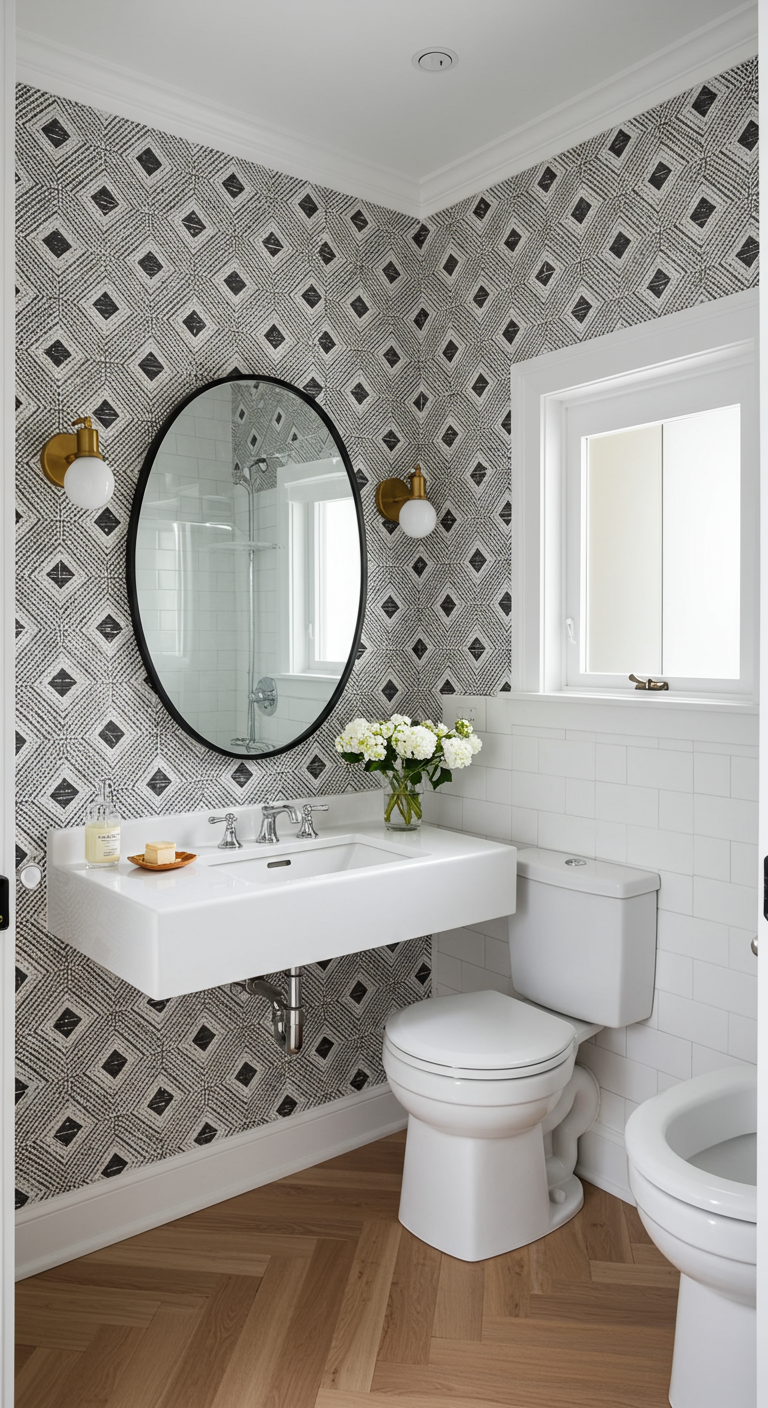 Badkamer met grafisch zwart-wit behang, ovale spiegel en houten visgraatvloer.