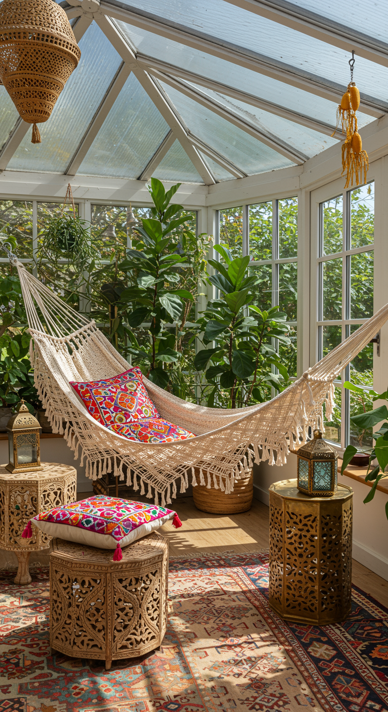 Lichte serre met een macramé hangmat, planten en oosterse bijzettafeltjes.