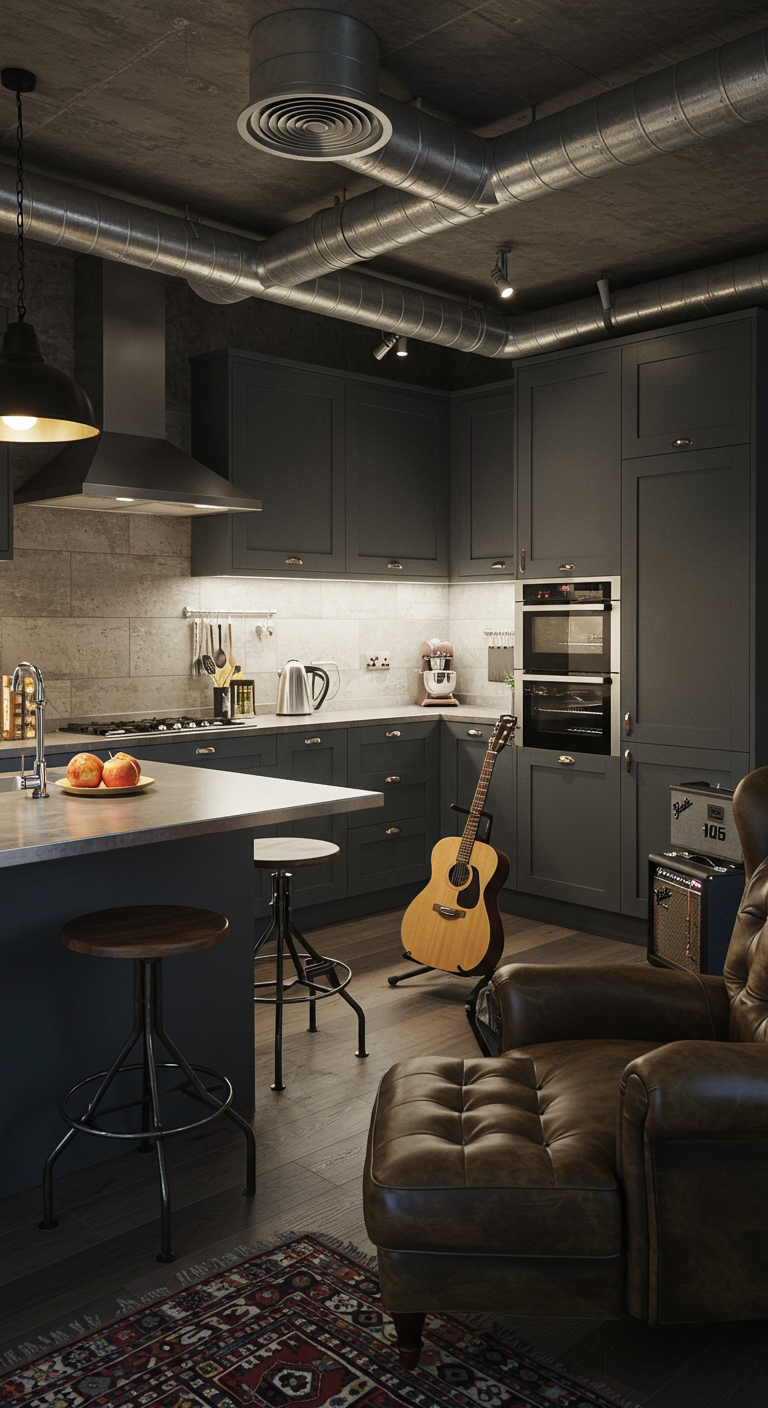 Donkere industriële keuken met een comfortabele leren fauteuil en een gitaar op een standaard.