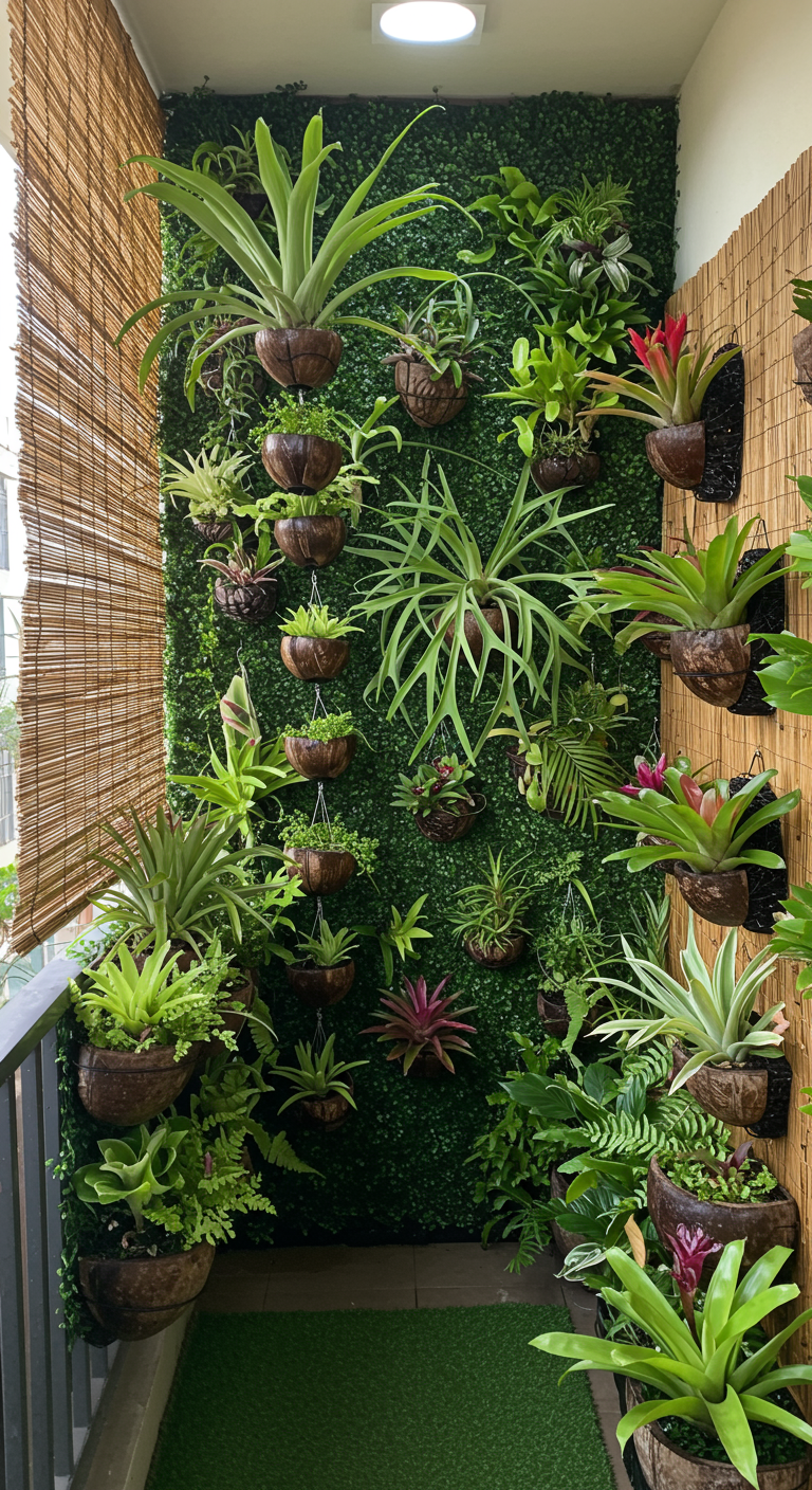 Weelderige verticale plantenwand met tropische planten in kokosnoothangers en een bamboe achtergrond.
