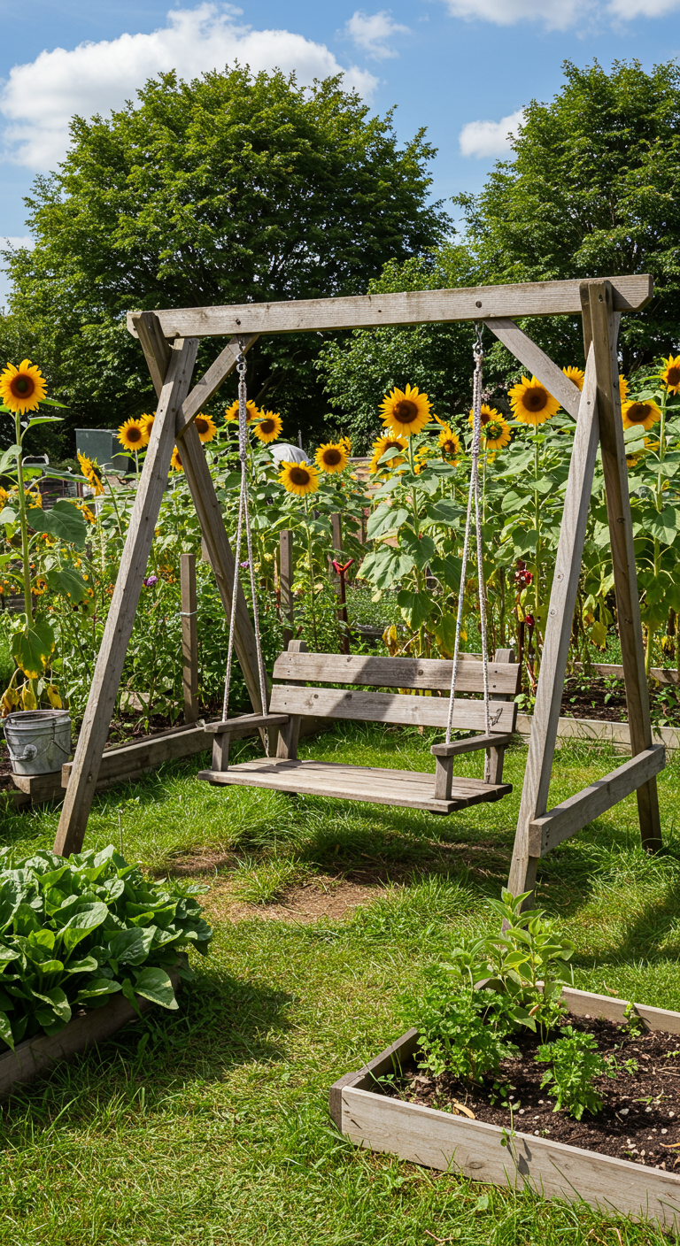 Rustieke houten schommel in een tuin met zonnebloemen.