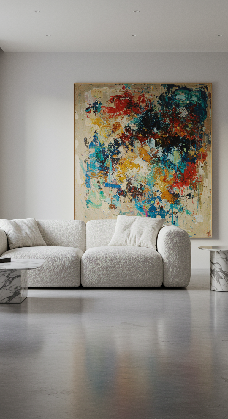 Minimalistische woonkamer met witte designbank en zeer groot abstract kleurrijk schilderij.