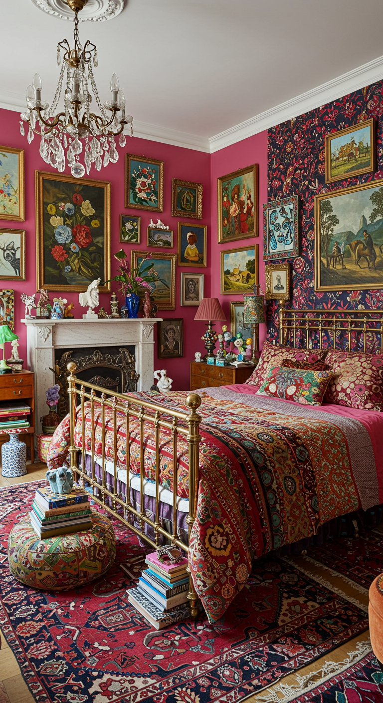 Maximalistische slaapkamer met fuchsia muren, veel kunst en gouden bed.