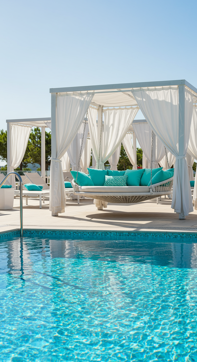 Wit zwevend daybed met turquoise kussens en witte gordijnen naast een zwembad.