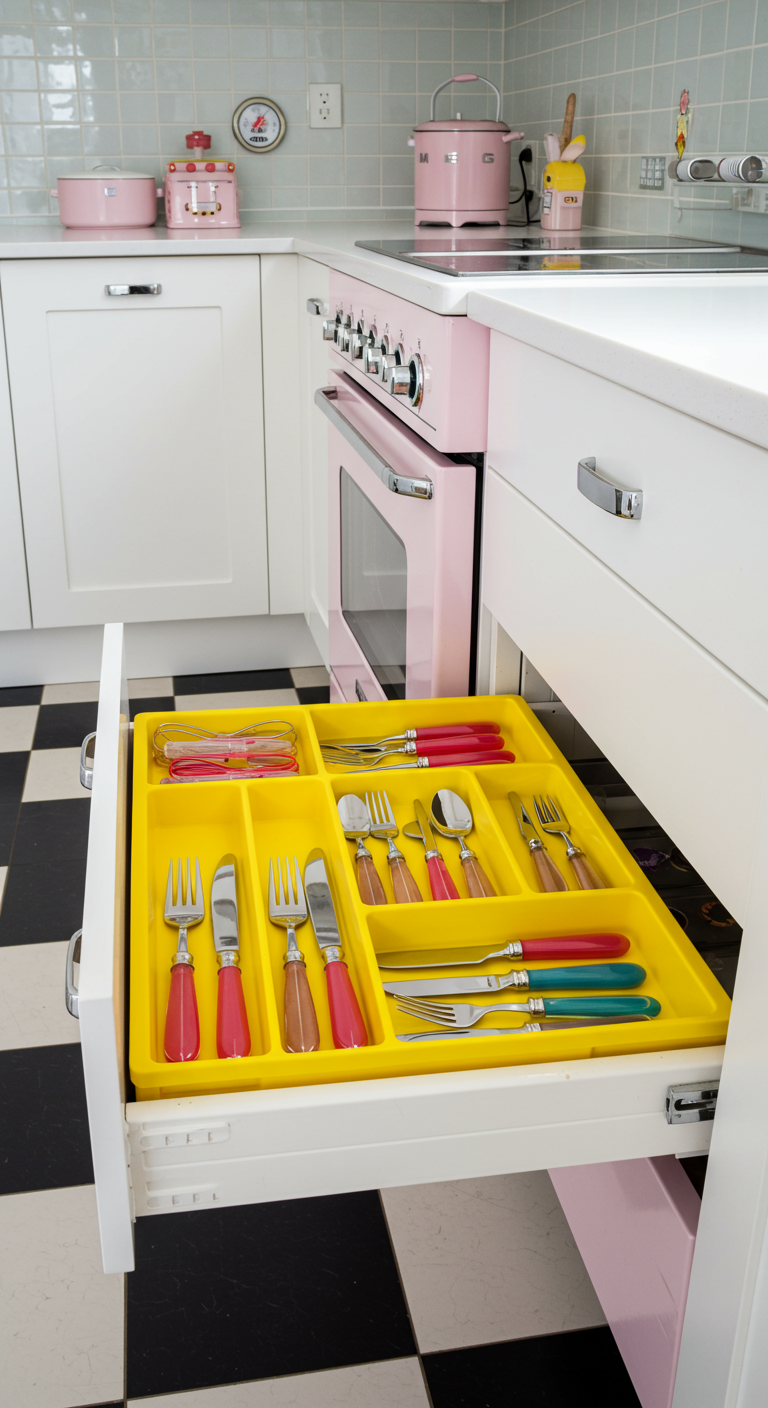 Witte keukenlade met een felgele kunststof bestekbak en bestek met gekleurde handvatten.