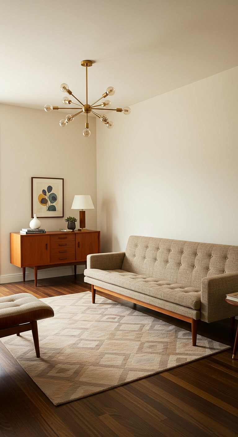 Mid-century modern woonkamer met beige bank, houten dressoir en opvallende hanglamp.