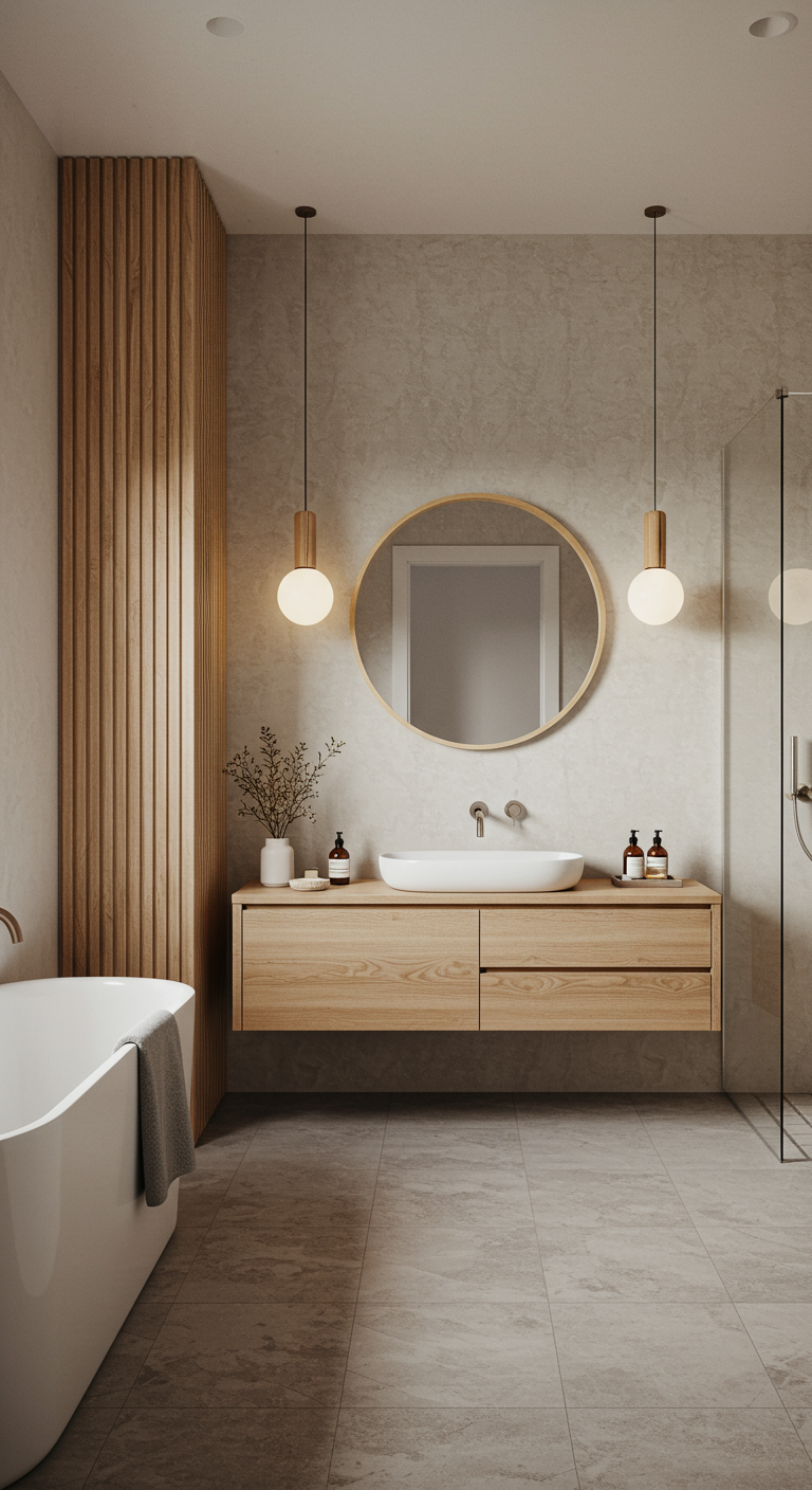 Scandinavische badkamer met houten accenten en ronde spiegel met houten rand.