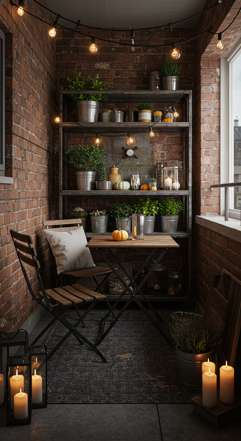 Industrieel balkon met bakstenen muur, metalen stellingkast vol planten en bistrosetje.