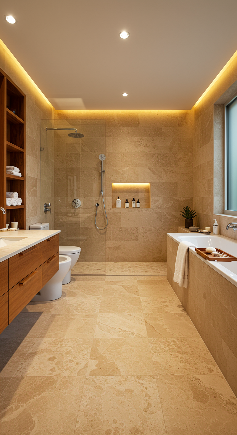 Badkamer met warme beige travertin tegels, houten meubel en verlichte nissen in de douche.
