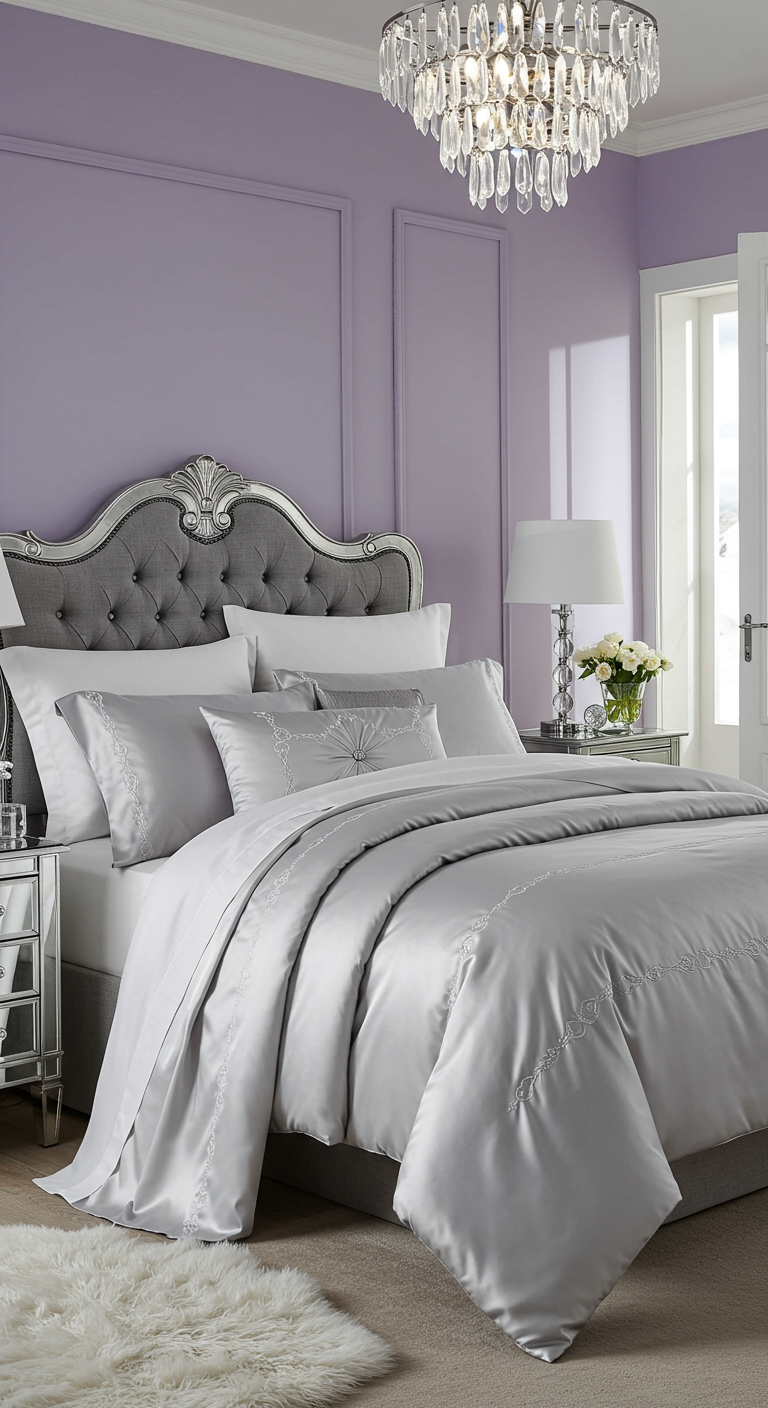 Luxe slaapkamer met lavendelkleurige muren, grijs gestoffeerd bed en zilvergrijs satijnen beddengoed.