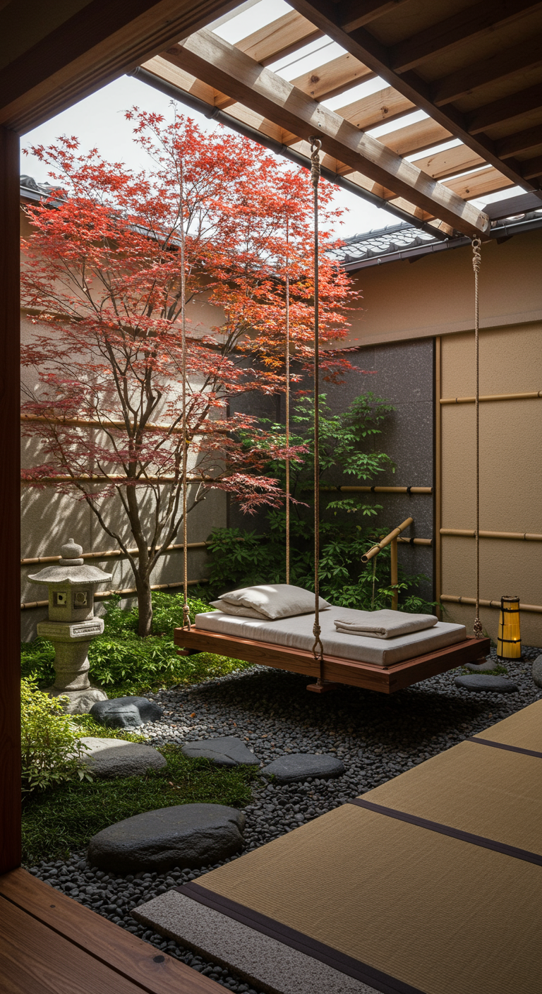 Minimalistisch houten schommelbed in een Japanse binnentuin met rode esdoorn, kiezels en stenen lantaarn.