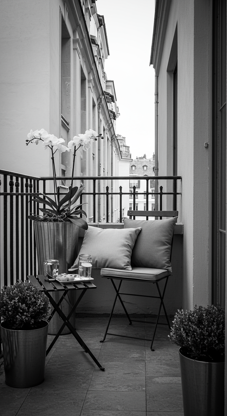 Zwart-wit gestyled balkon met donkere bistroset, witte orchideeën en lichte kussens.