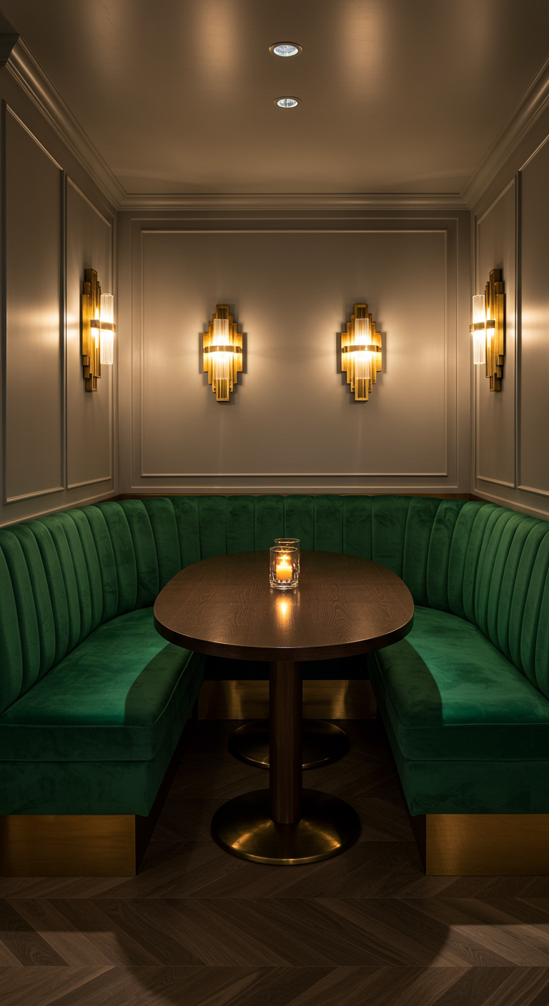 Luxe eethoek met smaragdgroene fluwelen banken, donkere tafel en gouden art deco wandlampen.