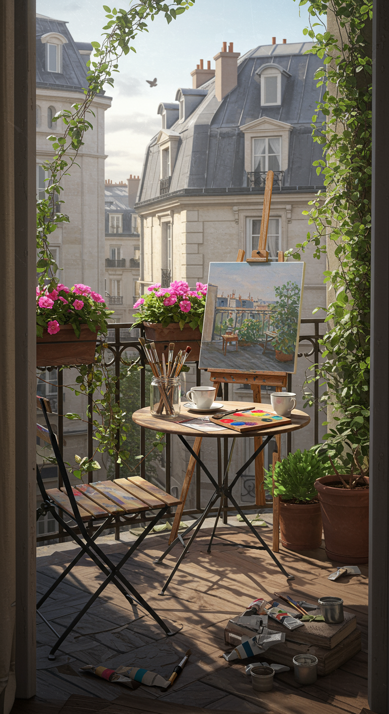 Balkon met bistroset, schildersezel, verfspullen en klimplanten met uitzicht op Parijs.