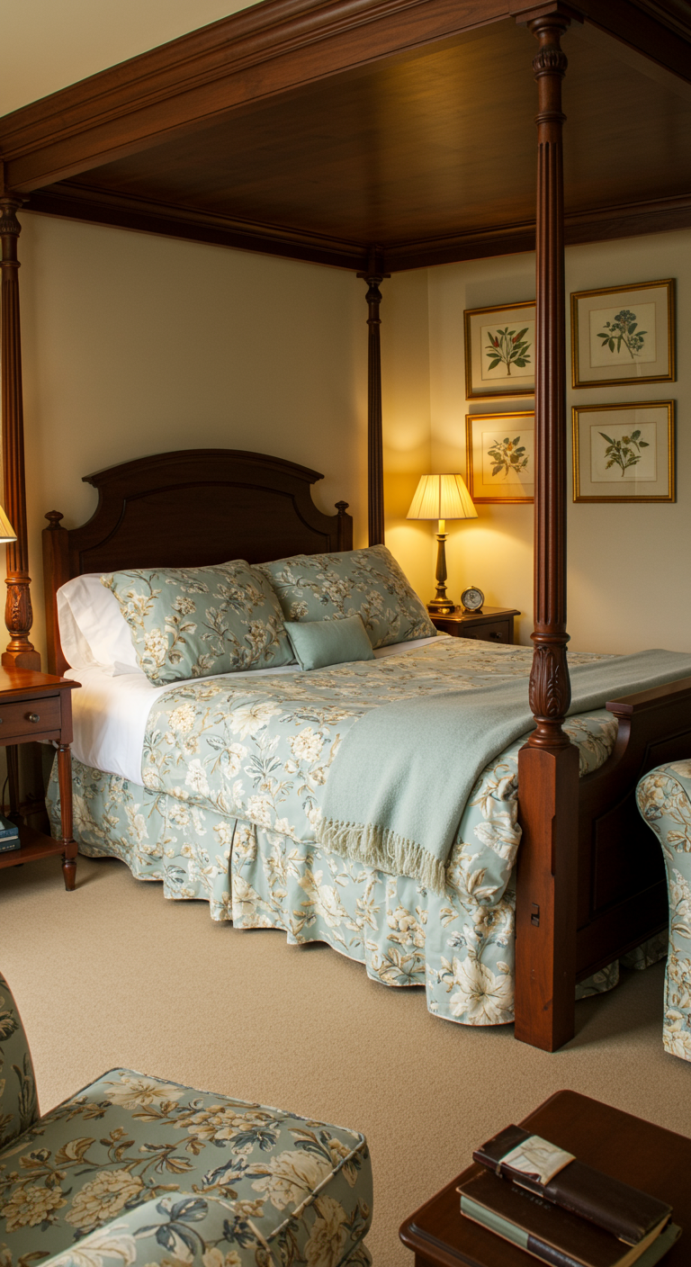 Klassieke slaapkamer met crèmewitte muren, hemelbed en beddengoed met blauw bloemenpatroon.
