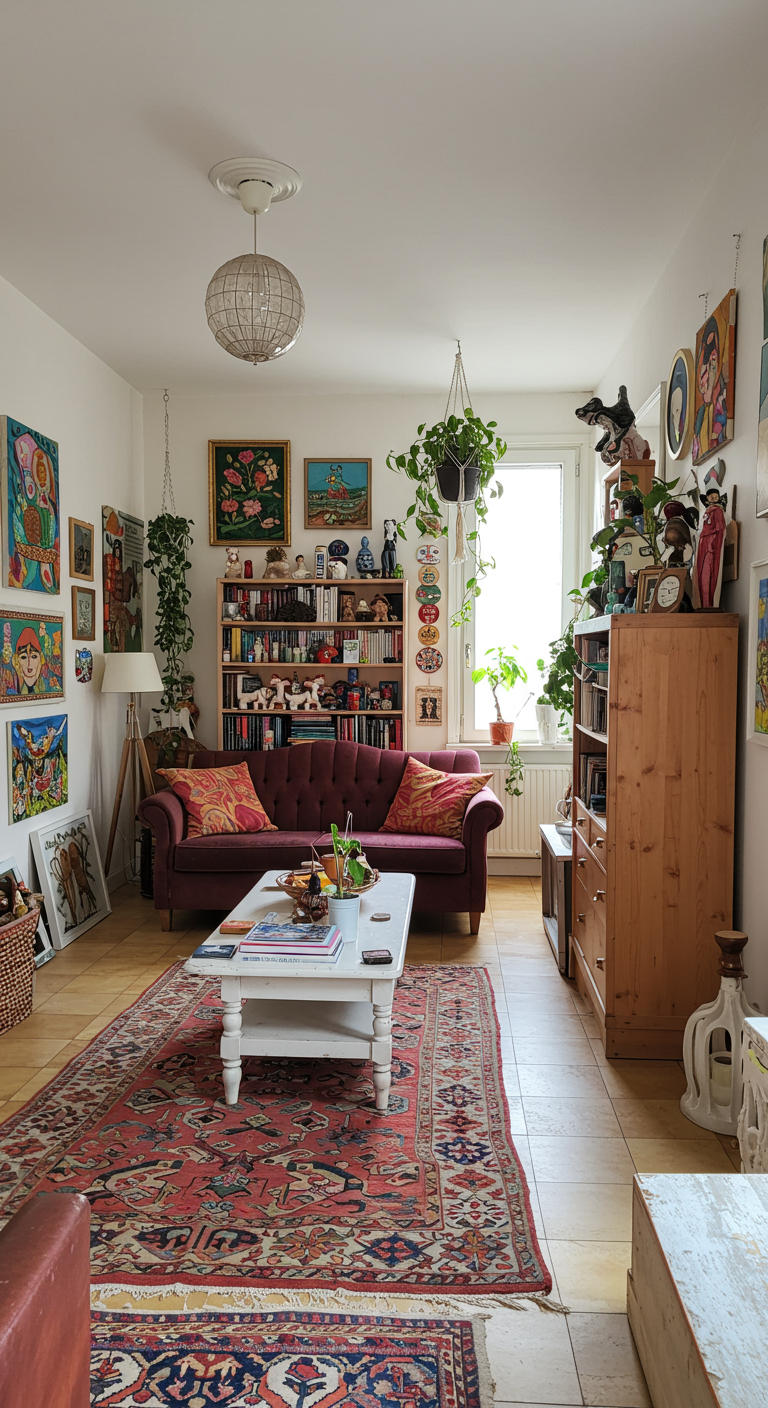 Eclectische woonkamer met lichte houten boekenkast, donkerrode bank, Perzisch tapijt en veel kunst.