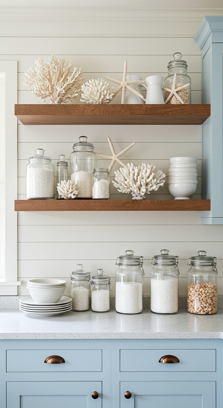 Houten wandplanken in een lichte keuken met een strandthema: koraal, zeesterren en witte voorraadpotten.