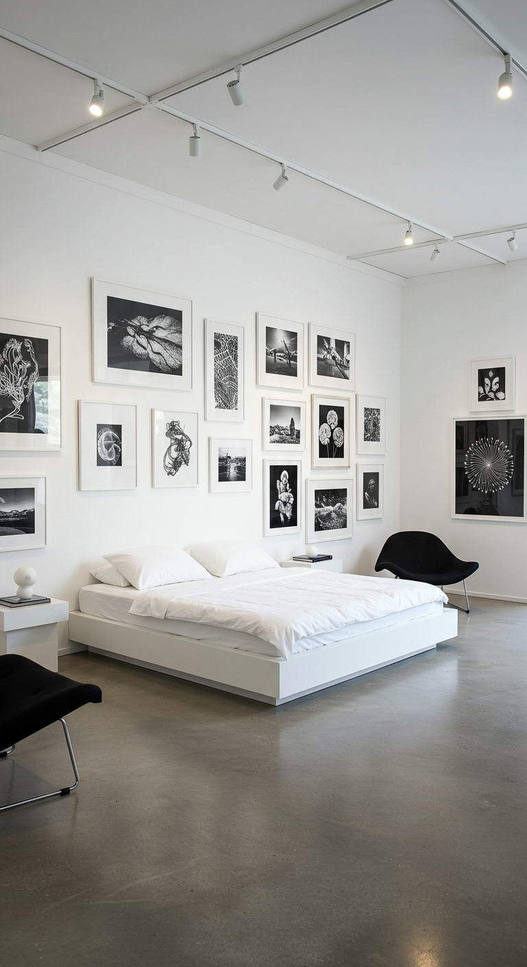 Witte slaapkamer ingericht als galerie met veel zwart-wit foto's aan de muur.
