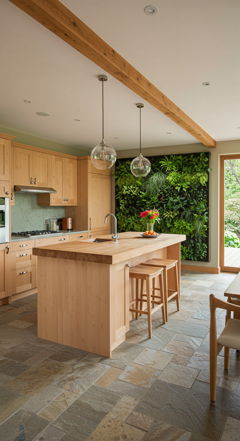 Houten keuken met grote groene plantenwand en natuurstenen vloer.