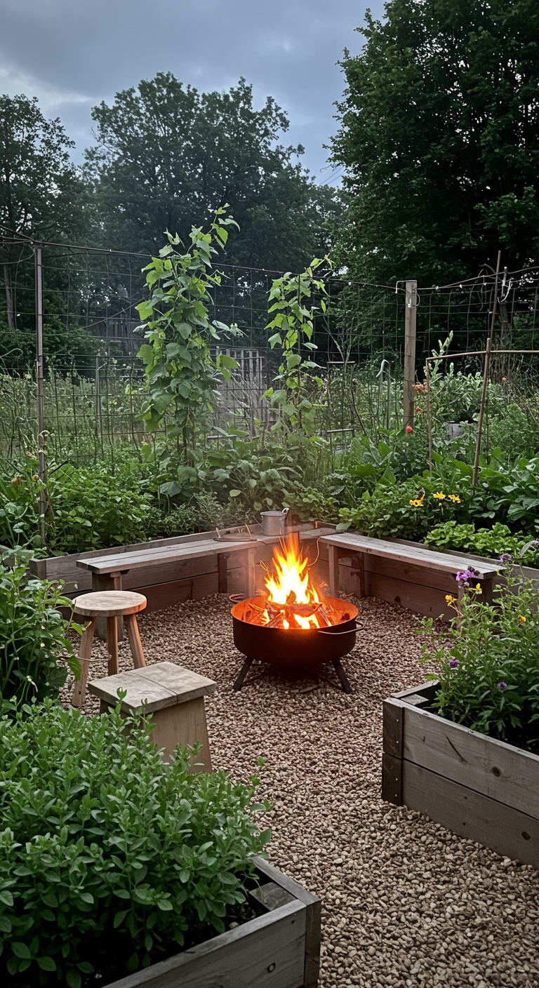 Vuurschaal in een moestuin met houten bankjes en plantenbakken.