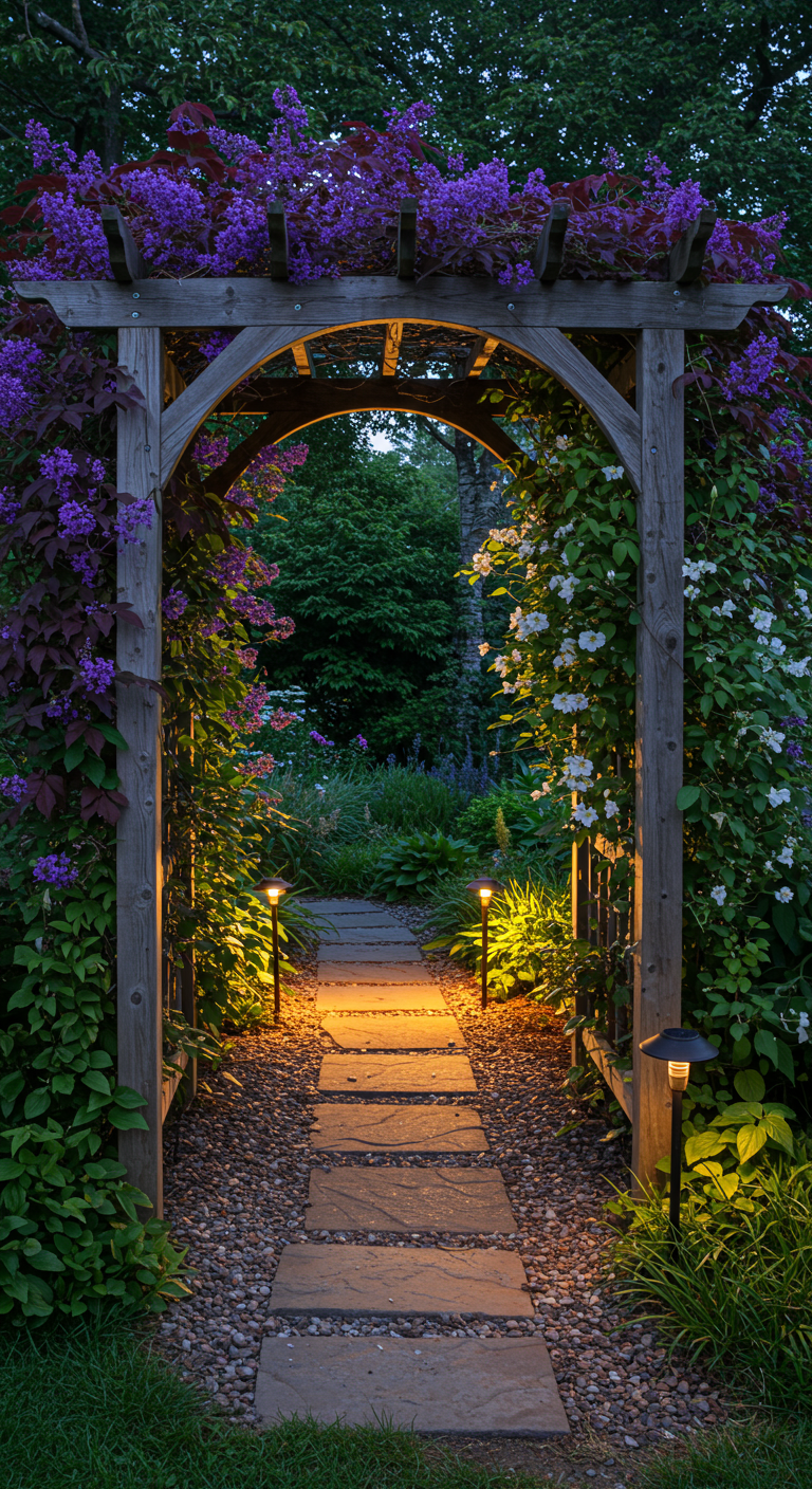 Houten pergola boven een tuinpad, begroeid met paarse en witte klimplanten, sfeervol verlicht.