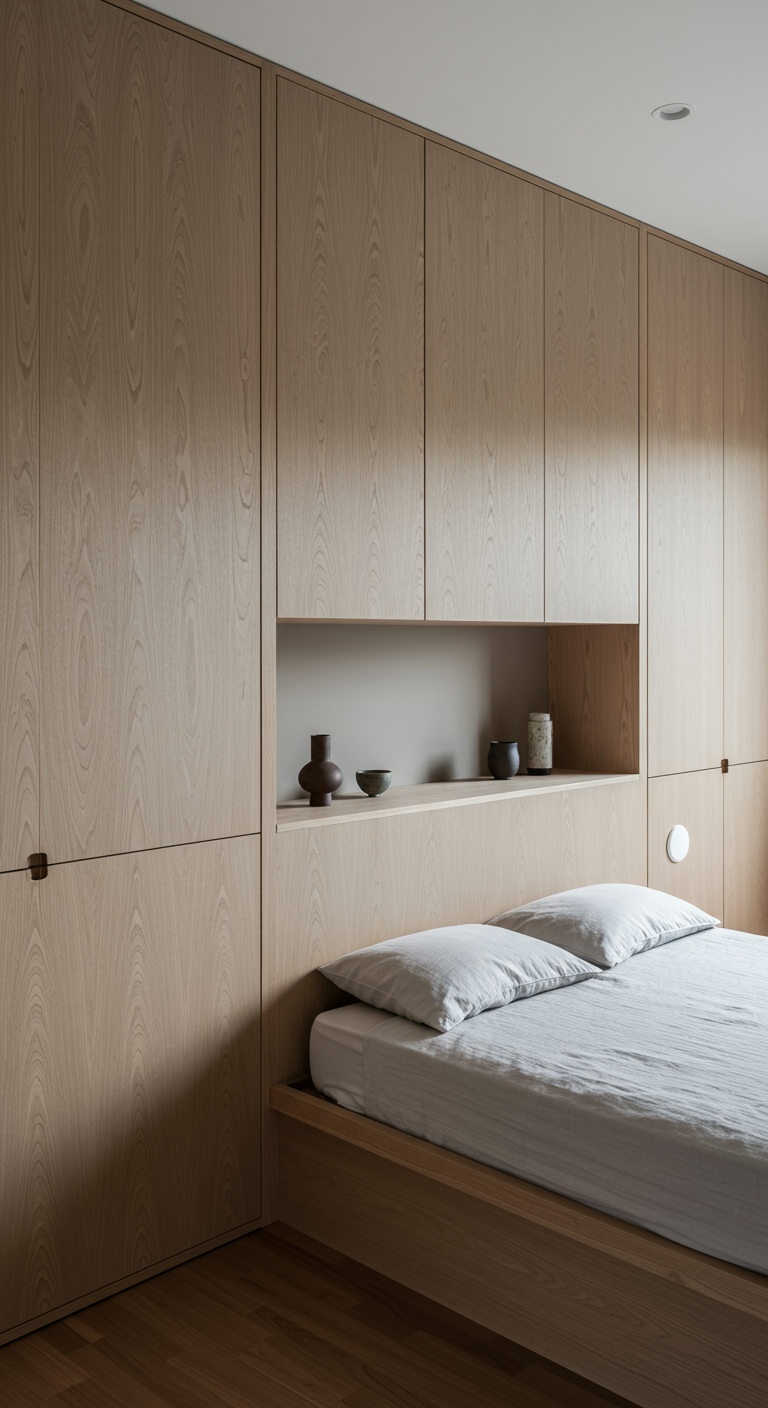 Slaapkamer met ingebouwde houten kastenwand en een nis boven het bed met keramiek.