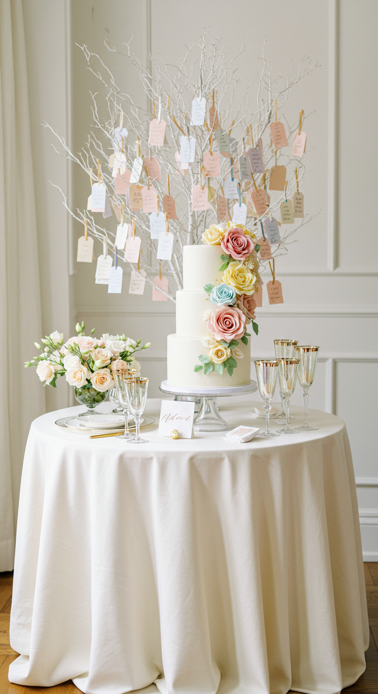 Witte taarttafel met een bruidstaart met pastelbloemen en een wensboom met gekleurde kaartjes.