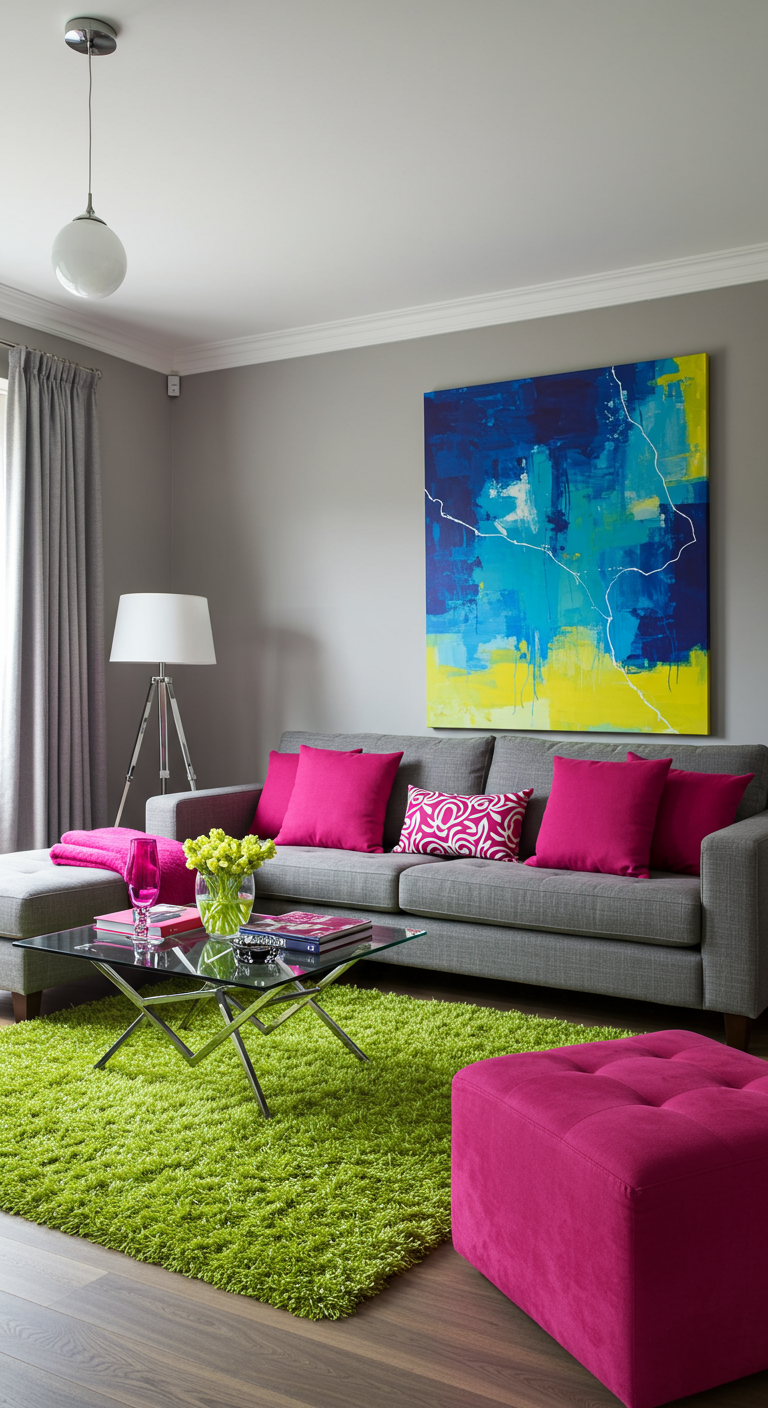 Grijze woonkamer met felroze en limegroene accenten.