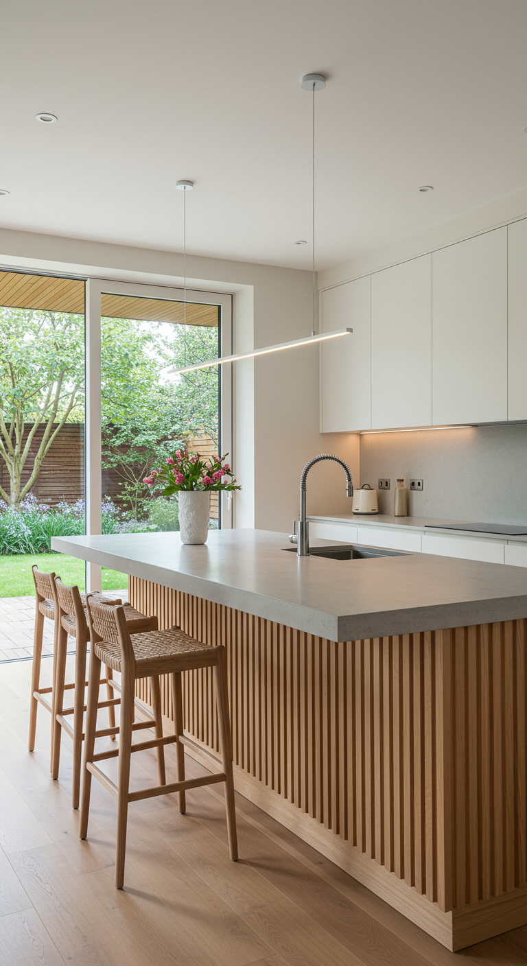 Modern kookeiland met houten lattenwand, licht werkblad en minimalistische barkrukken.