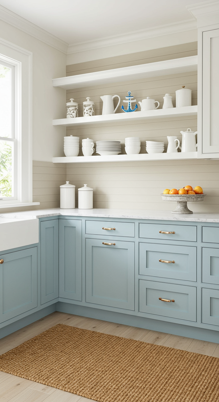 Keuken met lichtblauwe kastjes en een shiplap achterwand in crème/beige.