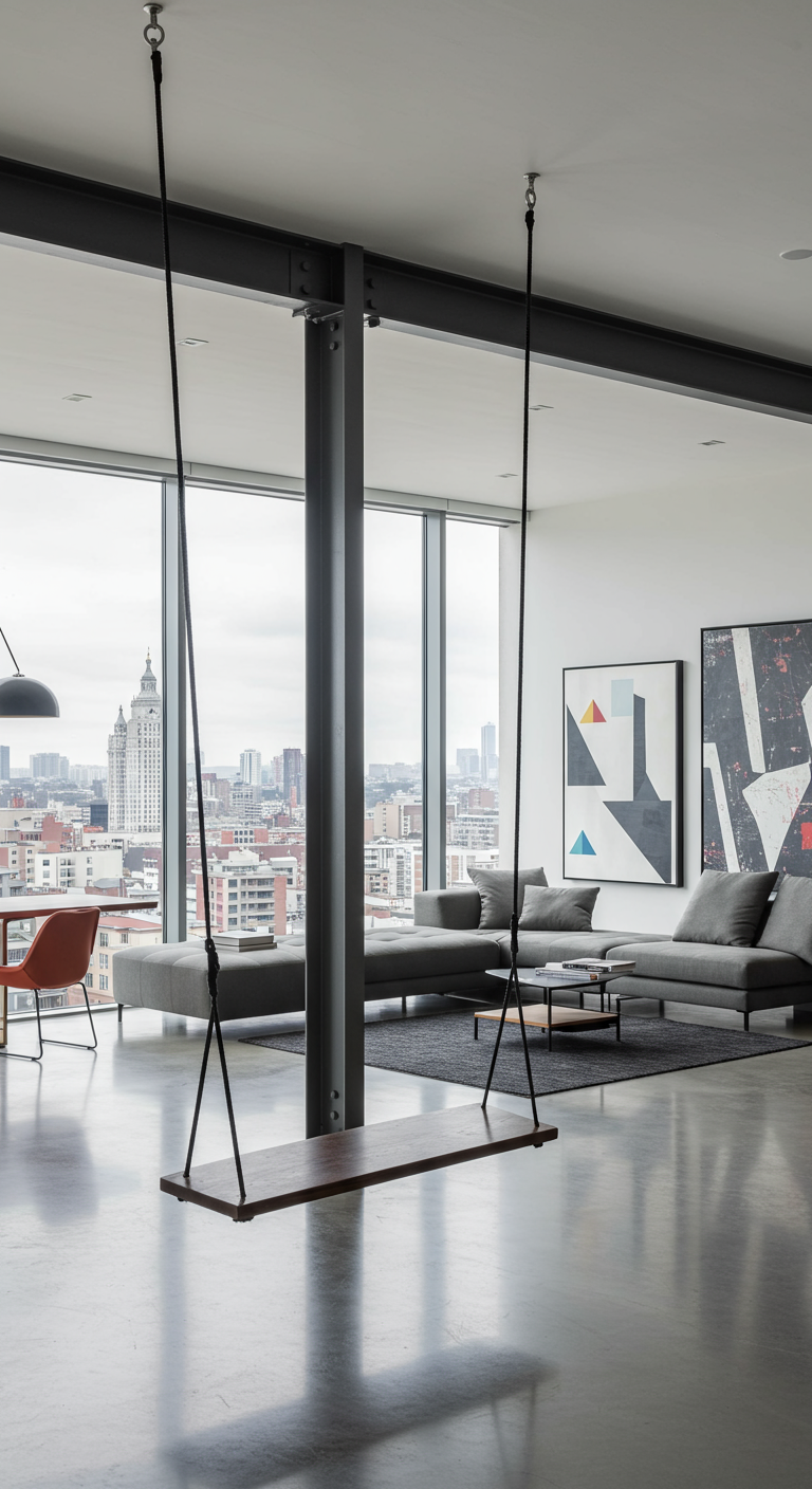 Modern appartement met een houten schommel opgehangen aan een stalen balk.