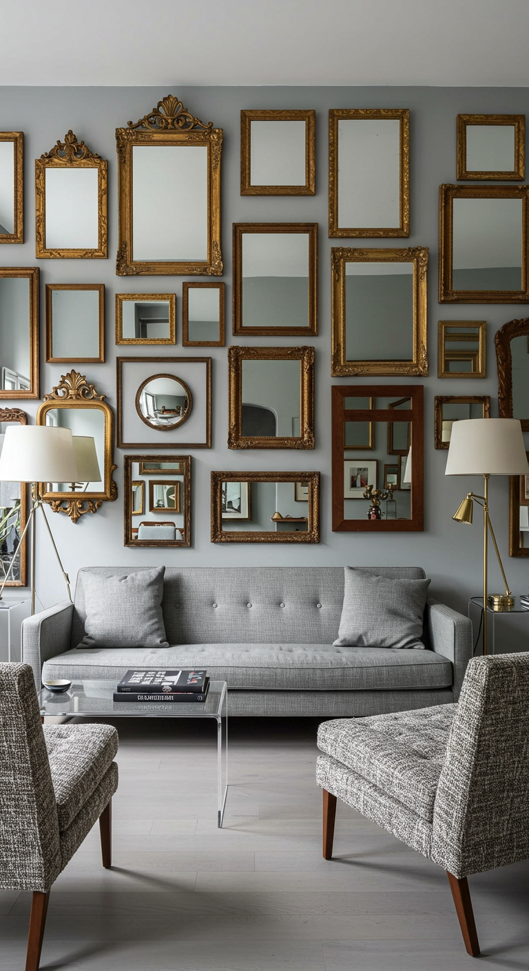 Grijze muur met een gallery wall van diverse vintage spiegels.