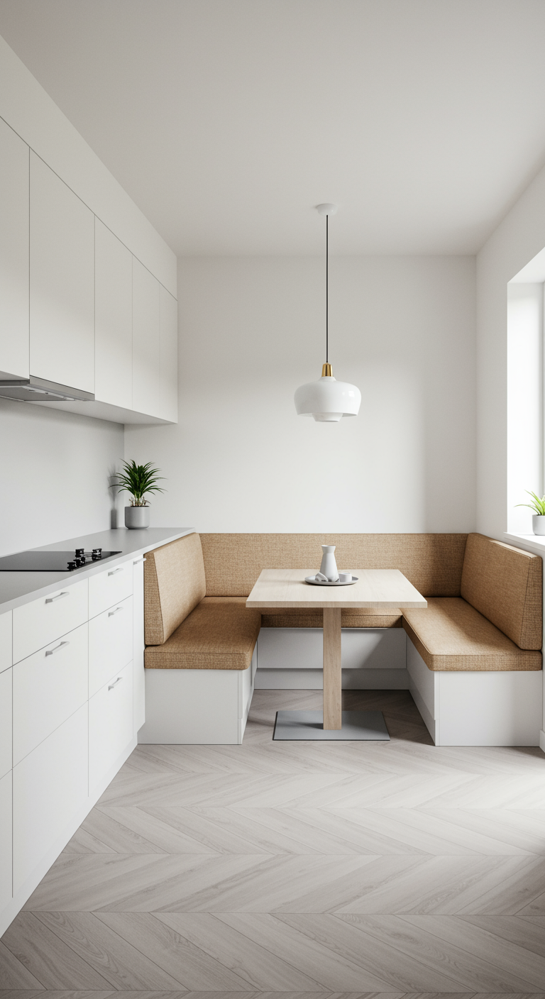 Witte minimalistische keuken met een ingebouwde U-bank met beige kussens.