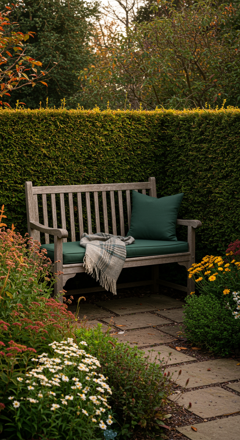 Houten tuinbank met groen kussen en plaid, omringd door herfstbloeiers en een heg.