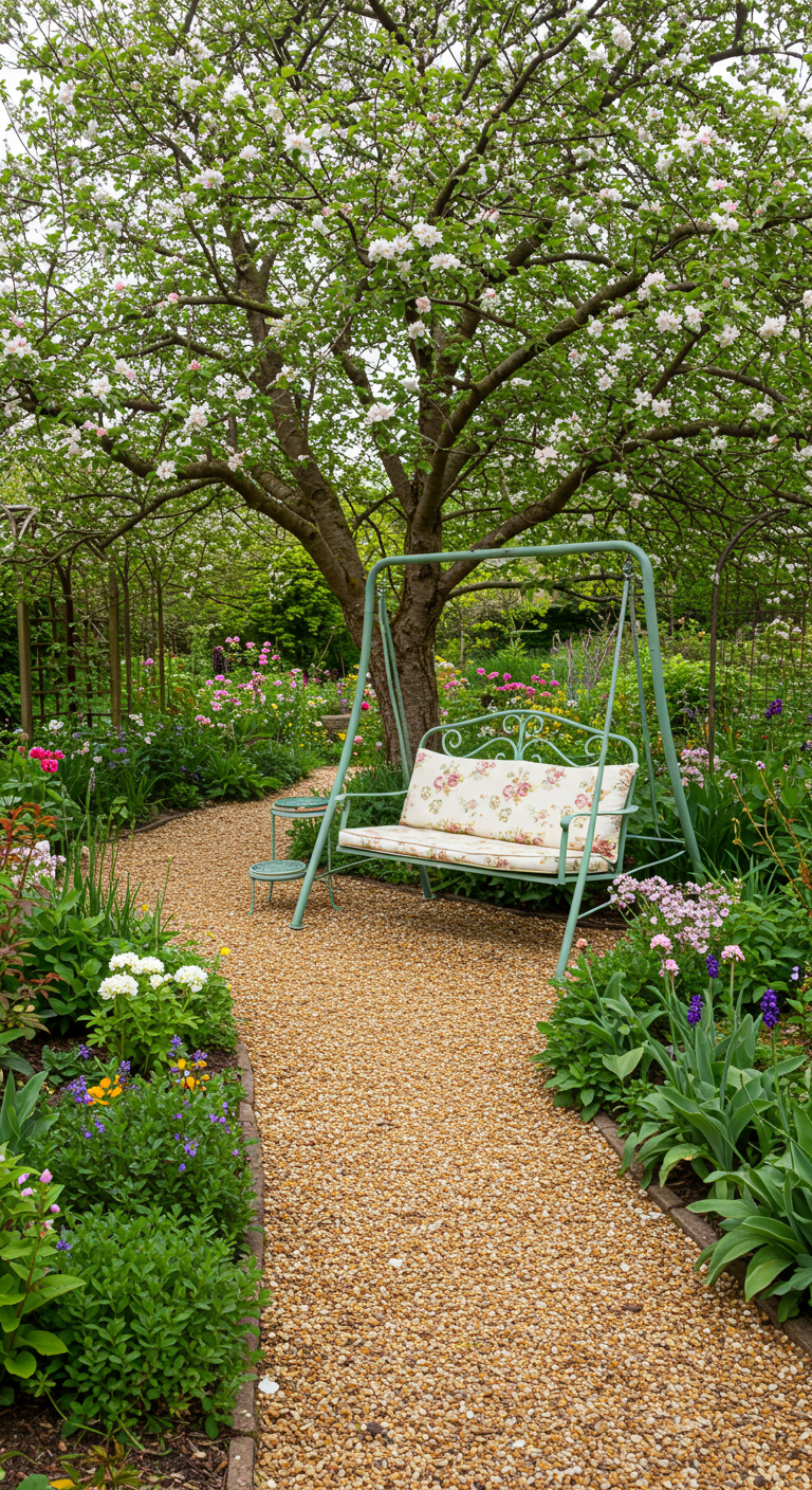 Mintgroene vintage metalen schommelbank onder een bloeiende appelboom in een tuin.