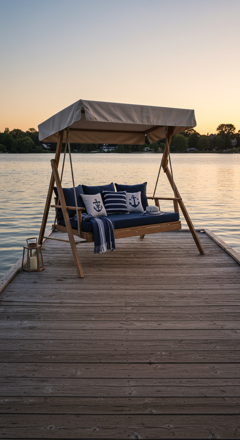 Houten schommelbed met blauwe kussens en luifel op een steiger aan een meer bij zonsondergang.