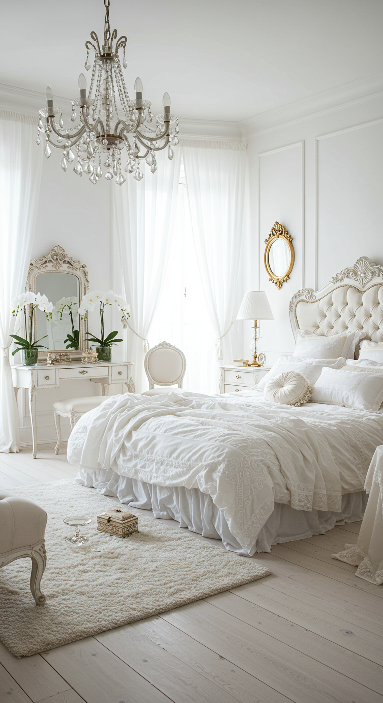 Romantische witte slaapkamer met klassiek bed en kristallen kroonluchter.