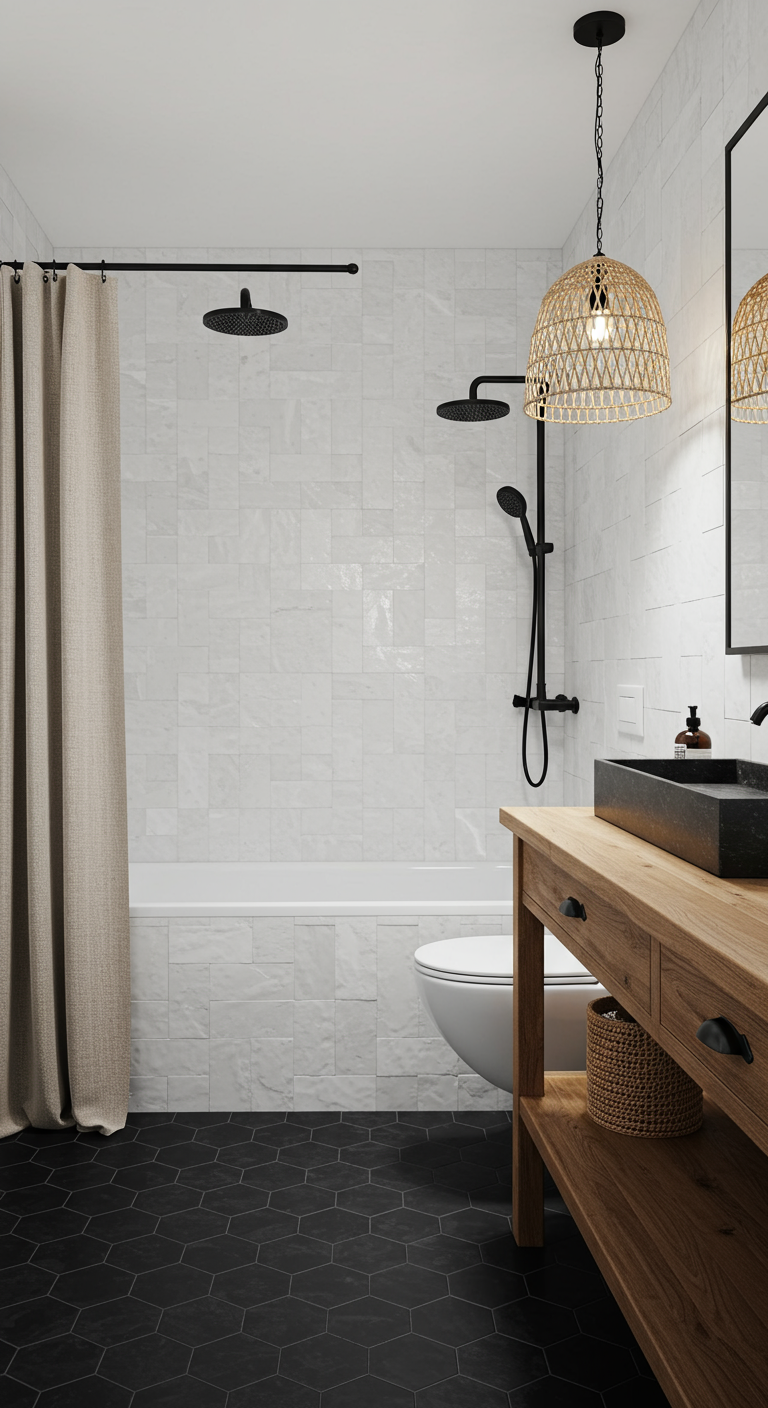 Badkamer met zwart-wit tegels, houten meubel, stoffen douchegordijn en rotan lampenkap.